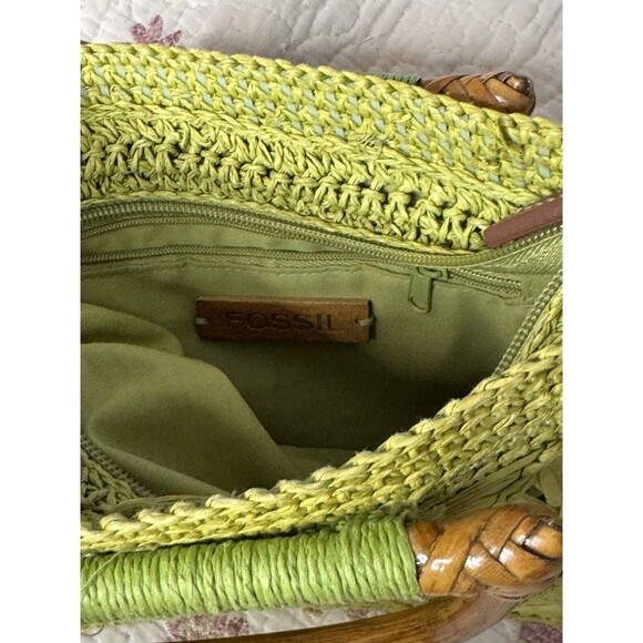 Fossil Straw Mini Satchel Bag Purse Green Double Handle Wood bv - Picture 7 of 7